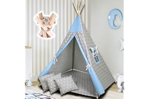 PaLulli Tipi namiot do zabawy dla dzieci z matą i systemem zapobiegającym zapadaniu się i 3 poduszkami dekoracyjnymi bawełnianym z płótna żaglowego, namiot dziecięcy (Stars Blue)