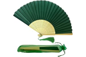 FANSOF.FANS Tyg Handhållen Vikbar Handfläkt med Tofs Klass A Bamburibbor för Kvinnor Flickor Sommarfest Event Tjänst Födelsedag Bröllop Souvenir Gåva (Smaragdgrön)
