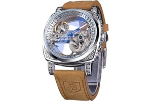 FORSINING Montre pour homme tendance classique squelette carré transparent automatique mécanique bracelet cuir lumineux étanche
