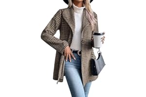 IDEALSANXUN Blazer largo de lana a cuadros para mujer, trajes de otoño e invierno, gabardina de manga larga, casual, elegante, chaqueta con solapa