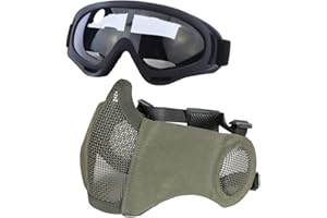 Yzpacc Airsoft Máscara con Gafas, Plegable de Media Cara Airsoft máscara de Malla con protección para los oídos para Paintball Shooting Cosplay CS Game