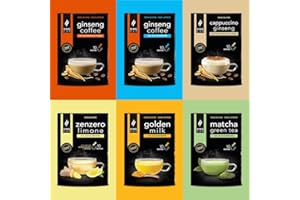 King Cup - Multibox de Sachets Solubles, 6 Paquets Mixtes avec 10 Sticks, 2x Café au Ginseng, 1x Matcha Green Tea, 1x Golden Milk, 1x Gingembre et Citron, 1x Cappuccino au Ginseng, 60 Sachets