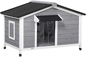 PawHut Hundehütte aus Holz, Hundehaus mit zu öffnendem Asphaltdach und abnehmbarem Boden, Outdoor Hundehaus Kleintierhaus für kleine, mittelgroße Hunde, Draußen, Grau, 109 x 79 x 72 cm
