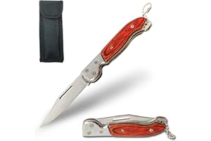 MOANATURA Navaja Pequeña Mango Madera con Funda. Cuchillo Plegable de Bolsillo o Llavero, Navajas Montaña, Campo, Supervivencia, Caza, Pesca, Setas, Senderismo, Camping o en tu Caravana. (Modelo 1)