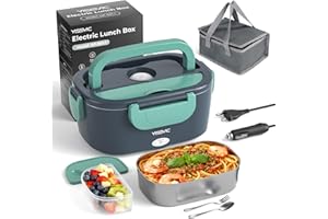 YISSVIC Scaldavivande Elettrico Portatile 1.5L con Borsa Pranzo - 4 in 1 (12V/24V/220V) 60W, Acciaio Inox, Forchetta e Cucchiaio Inclusi - Ideale per Auto, Ufficio e Viaggi