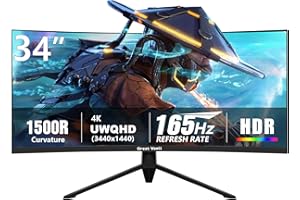 Great voell 34" Ultra-Wide 21:9 Curved Gaming Monitor, 165Hz, UWQHD 3440x1440, 1ms, FreeSync/G-Sync, HDR10, 99% sRGB, HDMI & DP, VESA 100×100mm, Eye Care