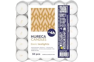 Horeca Candles - Candele Tealight Bianche - Durata 4 Ore di Combustione - Set da 50 Candeline Non profumate - Lumini per Matrimonio, Decorazione, Gastronomia