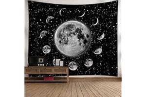 Arawat Dywan ścienny z fazami księżyca, chusta na ścianę, czarno-biały, księżyc, dekoracja ścienna, psychodeliczny dywan, gotycki, gobelin, chusta na ścianę, dekoracja ścienna w stylu boho (150 x 130 cm)
