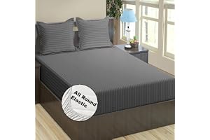 FRESH FROM LOOM 240 TC Satin Striped Soft Fitted Bedsheet King Size Bed with Two Pillow Cover Bed Covers for Mattresses Tuck in (Size - 78 x 72 Inches,Fits up to 10 Inch) Grey