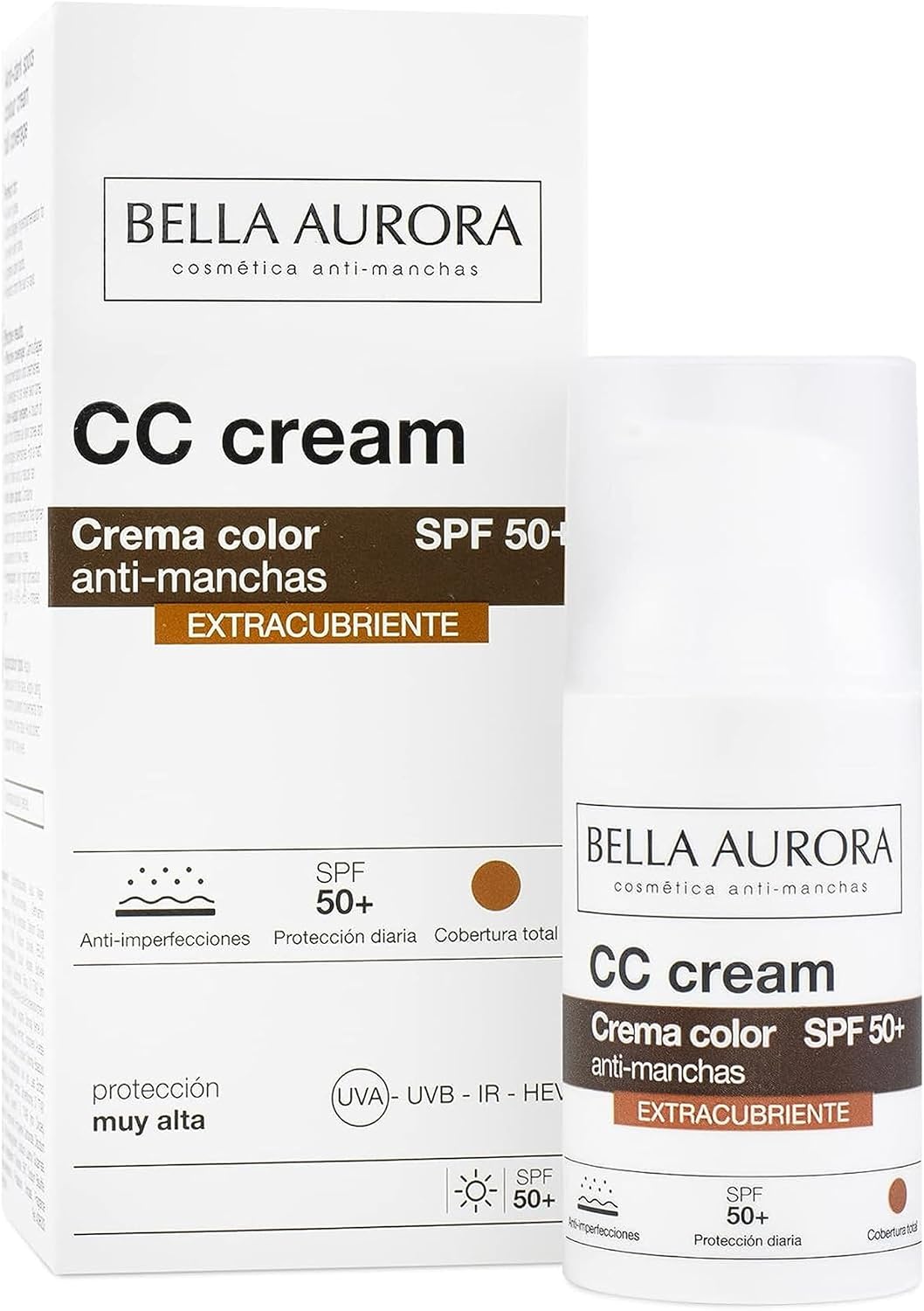 BELLA AURORA - CC Cream Antimanchas Extracubriente SPF50+ 30 ml, Protector Solar Antimanchas, Crema Color Antimanchas, para Hiperpigmentaciones y Unificar el Tono, Crema Solar Facial, Cobertura Óptima