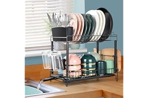 aceyoon 2-poziomowy ociekacz do naczyń z tacą ociekową, stojak do suszenia naczyń z obrotową wylewką, ociekacz do naczyń kuchennych z uchwytem na przybory kuchenne i uchwytem na kubek, czarny