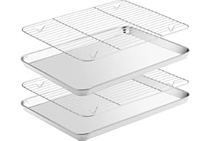 Fire More Juego de Bandeja para horno acero inoxidable con rejilla de enfriamiento,(2 bandejas para hornear, 2 rejillas de enfriamiento),no tóxicas,acabado espejado(40,5x30,5x2,5cm）