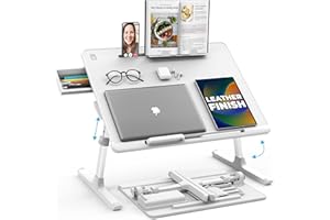 COOPER CASES Cooper DeskPRO XL 23.6" Ergonomic Adjustable Laptop Bed Desk, Laptop Bed Table | Tray for Eating, Computer, Writing, Floor, Couch | Large Lap Desk for Adults | Leather, Drawer, Book Stand (White)