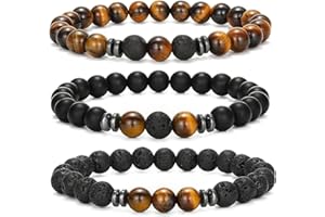 TREABEAR Bracelet Homme 3 Pièces Oeil de Tigre, Pierre de Lave, Chakra