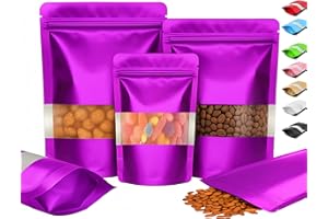 Plaphy 100 Bolsas Zip Doypack Herméticas con Ventana, Stand Up Pouch de Colores, Bolsas Mylar de Aluminio de Pie con Cierre Resellables para Empaque y Almacenamiento de Alimentos (Morado, 10 x 15 cm)
