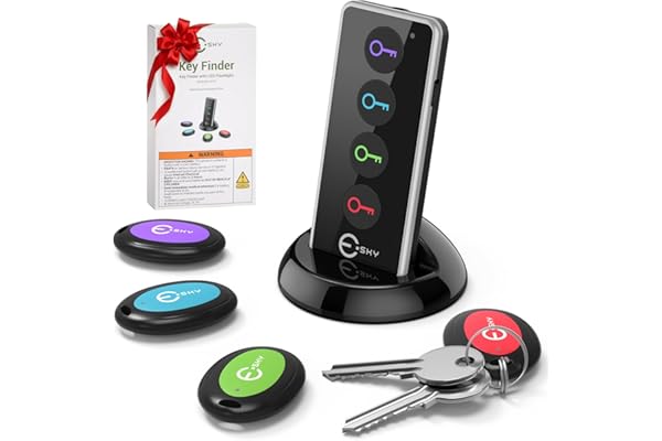 Esky Localisateur d'objets, Localisateur de Clés 4 Récepteurs et 1 Émeteur 80 DB Travail de 39,9m sans Fil RF avec LED Lampe de Poche et Support de Base pour Retrouver Les clés Chiens Chats