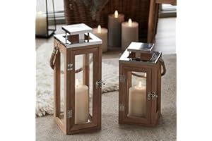 Lights4fun Set di 2 Lanterne in Legno con Candela TruGlow® LED a Pile e Manico in Corda di 34 cm e 26 cm per Interni ed Esterni