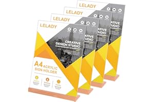 LELADY JEWELRY LELADY Soporte Cartel A4 de Acrílico, 4 Unidades Expositor Metacrilato Transparente, Soporte Menú En L, Titular de Menú, Soporte de Sobremesa, Base de Madera