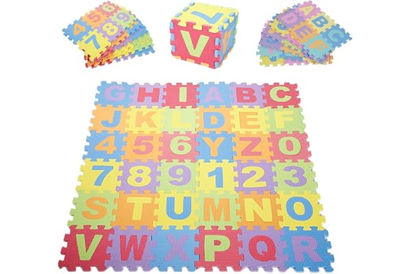 Tapis de Jeu Puzzle en Mousse avec 26 Lettres et 10 Chiffres, 36 pièces, Tapis d'apprentissage de l'alphabet pour bébés et Tout-Petits, 15 x 15 cm