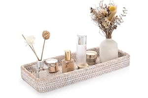 IGNPION Rattan Serving Tray Decorative Display Tray Table Storage Tray Toilet Tank Paper Tray Desktop Organiser Tray for Kitchen, Makeup, Vanity, Napkin, Candle, Ornament (40cm, Whitewash)