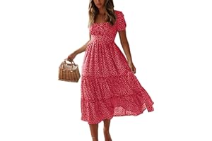 Colisha Womens Short Puff Sleeve Square Neck Floral Midi Dresses Flared Flowy Chiffon Maxi Dress Summer Beach Holiday Sundress