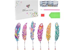 Kaizuca 6 Pcs Diamond Painting Bookmark Set, Art Feather Bookmark with Crystal Pendant, Bookmark Diamond Painting Children Adults for DIY Craft Gift Set(B)