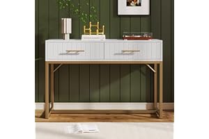 Merax Modern Desk with Drawers 2, Dressing Table with Ribbing Drawer Fronts, Wooden Vanity Desk, Golden Metal Legs, Makeup Desk Storage Table for Bedroom Living Room, White, 100 x 45 x 75cm