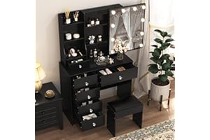 LIANWANG Toaletka do makijażu z 10 diodami LED, 3 regulowanymi temperaturami kolorów i jasnością, toaletka z lustrem, 6 szuflad, otwartych półek, 1 stołek dla dziewczynek, czarny