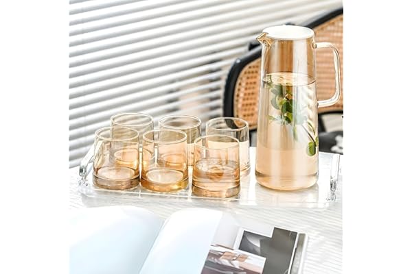 bellemax Italian Premium Water and Juice Glasses Set of 6 and Brown Jug Set Combo,(6 Pieces Glasses 200ML and 1 Water Juice Jug 1.8 Liter) Glass and JugS Set for Dining Table (Modern)