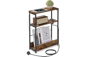 VASAGLE Slim Side Table with Charging Station, 3-Tier Narrow Bedside Table, End Table for Small Spaces, Magazine Rack, for Living Room, Bedroom, Study, Rustic Brown and Ink Black LET335K03