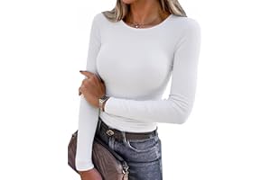 Aottori T-Shirt Femme Manches Longues Col Rond Hauts Côtelé Élégant T-Shirt Extensible Sexy Top Slim Fit Chic Pull Basic Respiratoire Décontracté