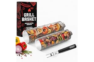 SHIZZO Rullande grillkorg, sidoöppning cylinder grillkorg, 2 set | Rostfritt stål i livsmedelskvalitet, bärbara campingtillbehör BBQ nätställ, matlagningsgriller för fisk, grönsaker och mer