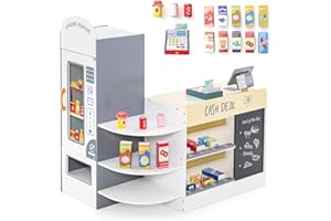 COSTWAY Pretend Play Shop, Kids Supermarket Playset with Cash Register, Vending Machine, Chalkboard, Wooden Role Play Grocery Store for Children Ages 3+ (Grey+White)