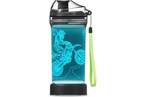 YuanDian Dirt Bike Water Bottle with 3D Glowing LED Light Light Up Kids - 14 OZ Tritan BPA Free - Cool Drinking Cups Gift for School Kids Boy Child Motocross