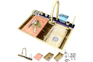 FGNIXLN Lavello da cucina T304 in acciaio inox, lavello da cucina multifunzionale, lavello a cascata, lavello da incasso con rubinetto digitale multifunzionale e vari accessori (85x45cm oro)