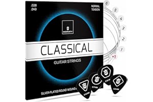 MORIATY® Gitarrensaiten Konzertgitarre, Saiten für klassische Gitarre aus Nylon und Silber, Akustikgitarre (7 Saiten-Set) | INKLUSIVE: 4 Plektren + Extra hohe E-Saite