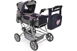 Bayer Chic 2000 562 26 Kombi-Puppenwagen Roadstar für große Kinder, mit herausnehmbarer Tragetasche und Wickeltasche, grau-Navy, 85 x 47 x 82 cm