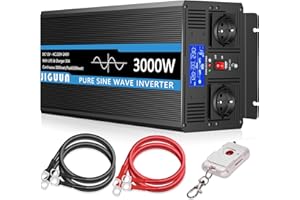 JIGUUN 3000W Inversor 12V 220V Onda Pura Inverter con Cargador 30A y Circuito Prioritario de Red y SAI，2 Tomas EU, Mando a Distancia Inalámbrico y Pantalla LCD Potencia Pico 6000W