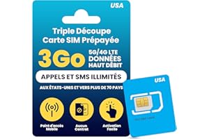 JZN MARKET Carte SIM Prépayée Physique H2O Wireless 30 Jours USA avec 3 Go de Données 4G LTE/5G Haute Vitesse et 2 Go de Point d'Accès Mobile, Appels et Textos des États-Unis vers Plus de 70 Pays, Carte SIM US