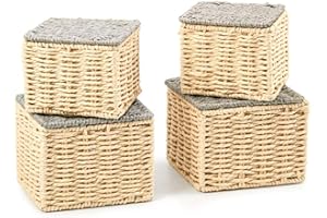 EZOWARE Set of 4 Square Paper Rope Woven Tidy Storage Baskets with Lid, Braided Multipurpose Wicker Organiser Bin Perfect for Storing Small Nursery kids Household Items - Beige and Gray