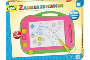 ‎SIMM SPIELWAREN SIMM Spielwaren Lena 65714 - Große Color Magnet Zeichentafel, Magnettafel ca. 41 cm, Zaubertafel mit Griff, befestigten Stift und 3 Stempel, Zaubermaltafel für Kinder ab 3 Jahre, Maltafel mit 4 Farbfeldern, rosa
