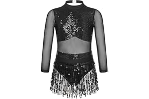 Jowowha Girls Sequins Tassel Hem Latin Dance Dress Leotard Rumba Samba Jazz Dance Dress Costumes