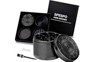 Spespo Herb Grinder, Molinillo de hierbas Premium de aluminio de 2.5 pulgadas（63mm) con flor en relieve, 4 piezas, molinillo grande con raspador de polen (Negro)