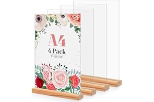 CIOXSOIO 4 Pezzi Espositore Plexiglass A4, Legno T forma Porta Cartelli in Acrilico Porta Fogli Cornice Plexiglass Trasparente Porta Menu Da Tavolo con Base in Legno Per Ristorante, Caffetterie, Ufficio, Foto