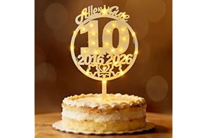 Tortendeko 10 Geburtstag Mädchen Junge, Seutgjie 10. Geburtstag Jubiläum Hochzeitstag Rosenhochzeit Deko Cake Topper Holz mit LED Lichterkette 2016 bis 2026 Kuchen Deko