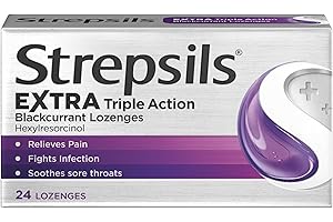 Strepsils Extra Triple Action Lozenges, Blackcurrant, 24 Count, Soothes Sore Throat, Pain Relief, Numbs, Relieves Germs, Fast Acting, Up To 2 Hours, Medication