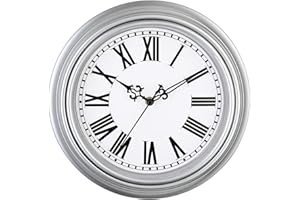 Plumeet Extra Large Retro Wall Clock, 16'' Non Ticking Classic Silent Vintage Wall Clocks Decorative Kitchen Living Room Bedroom, Roman Numerals, Battery Operated, Silver