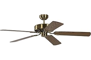 ‎PEPEO Deckenventilator ohne Beleuchtung Potkuri, Gehäuse Messing Antik, Wendeflügel Eiche oder Eiche mit Rattaneinlage, 132 cm, für Räume bis zu 25m²