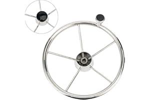 BOOMSTART Boat Steering Wheel 5 Spokes Ø 343 mm (13 1/2") Silver with Black Cap and Medium-Size Knob, for Pontoon Boat, Yacht – Universal Fit