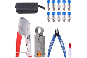 Glarks Kit de herramientas crimpadoras de cable coaxial RG6 RG59, herramienta de crimpado de compresión doble hoja pelacables y cortador con 10 conectores F